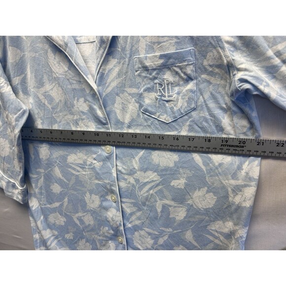 Ralph Lauren Monogrammed Women's M Blue Floral 3/4 Sleeve Sleep Shirt Cotton - Picture 6 of 9